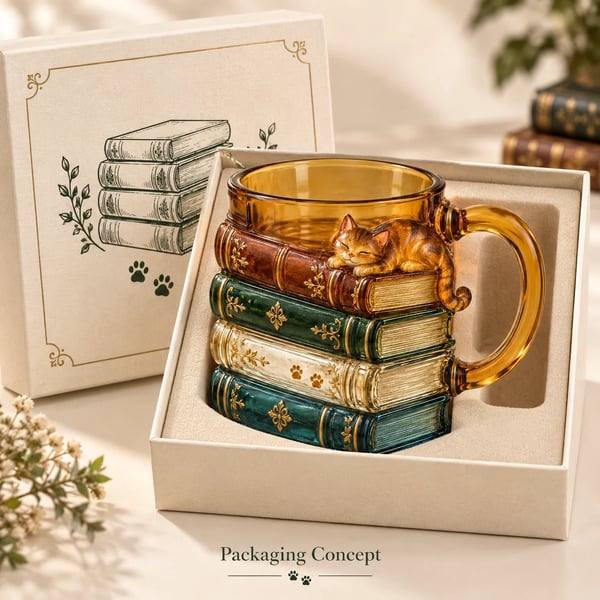 ๐ฑ๐ Cozy Book Stack Cat Mug โ Whimsical Vintage Coffee Cup for Book & Cat Lovers