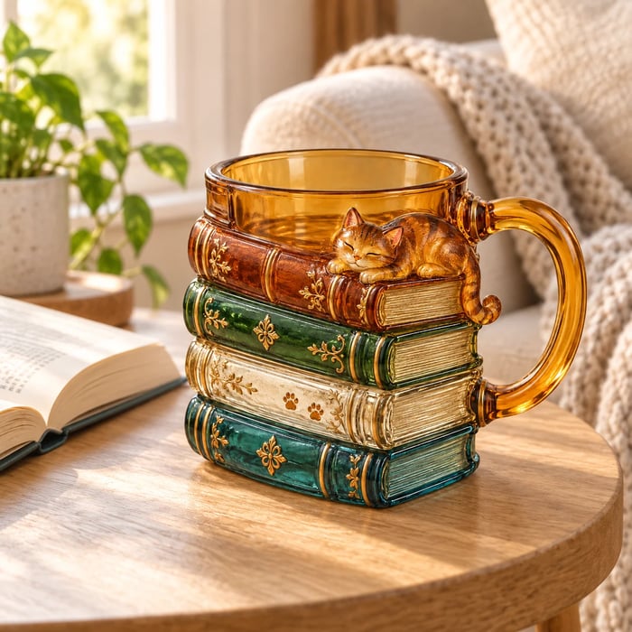 🐱📚 Cozy Book Stack Cat Mug – Whimsical Vintage Coffee Cup for Book & Cat Lovers