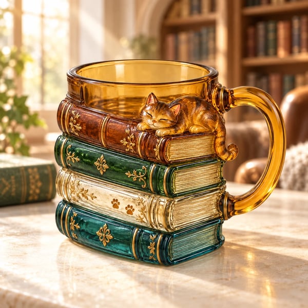 🐱📚 Cozy Book Stack Cat Mug – Whimsical Vintage Coffee Cup for Book & Cat Lovers