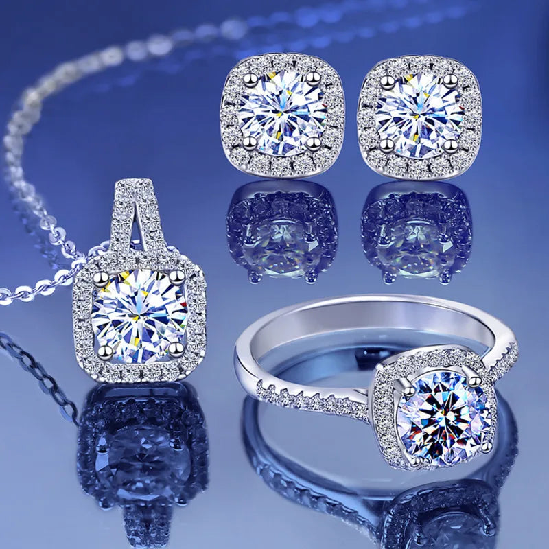 Sterling Silver 3-Piece Moissanite Jewelry Set 1ct Necklace Ring Earrings